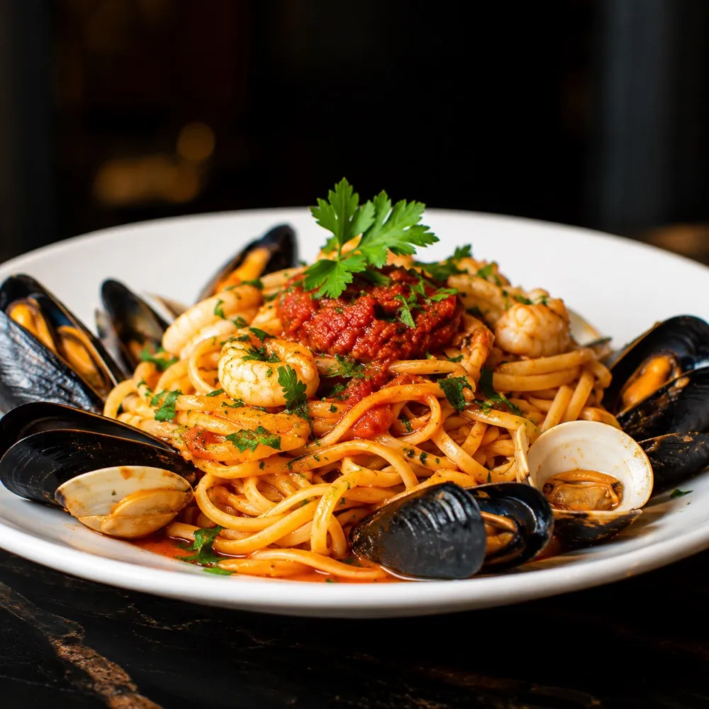 A plate of fresh handmade Italian pasta with rich tomato sauce and basil