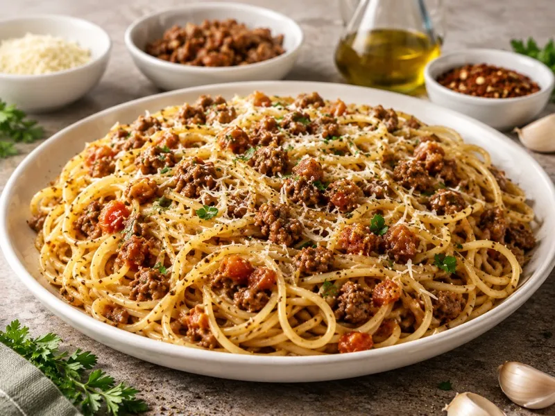 A bowl of fresh pasta with slow-simmered bolognese sauce and parmesan