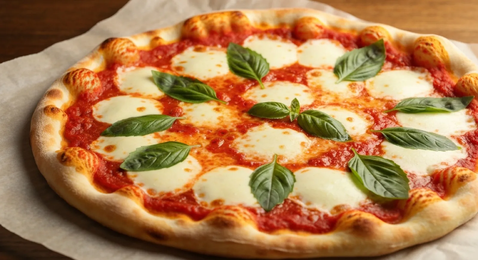 A fresh gluten-free pizza with a crisp thin crust topped with tomato, basil and mozzarella
