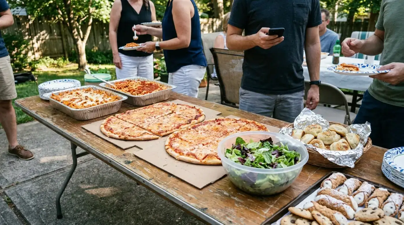 Graduation party Italian catering buffet with pizza, pasta and salad for guests