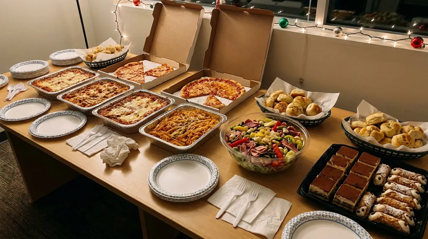 Festive holiday office party Italian catering spread with pizza, pasta and dessert
