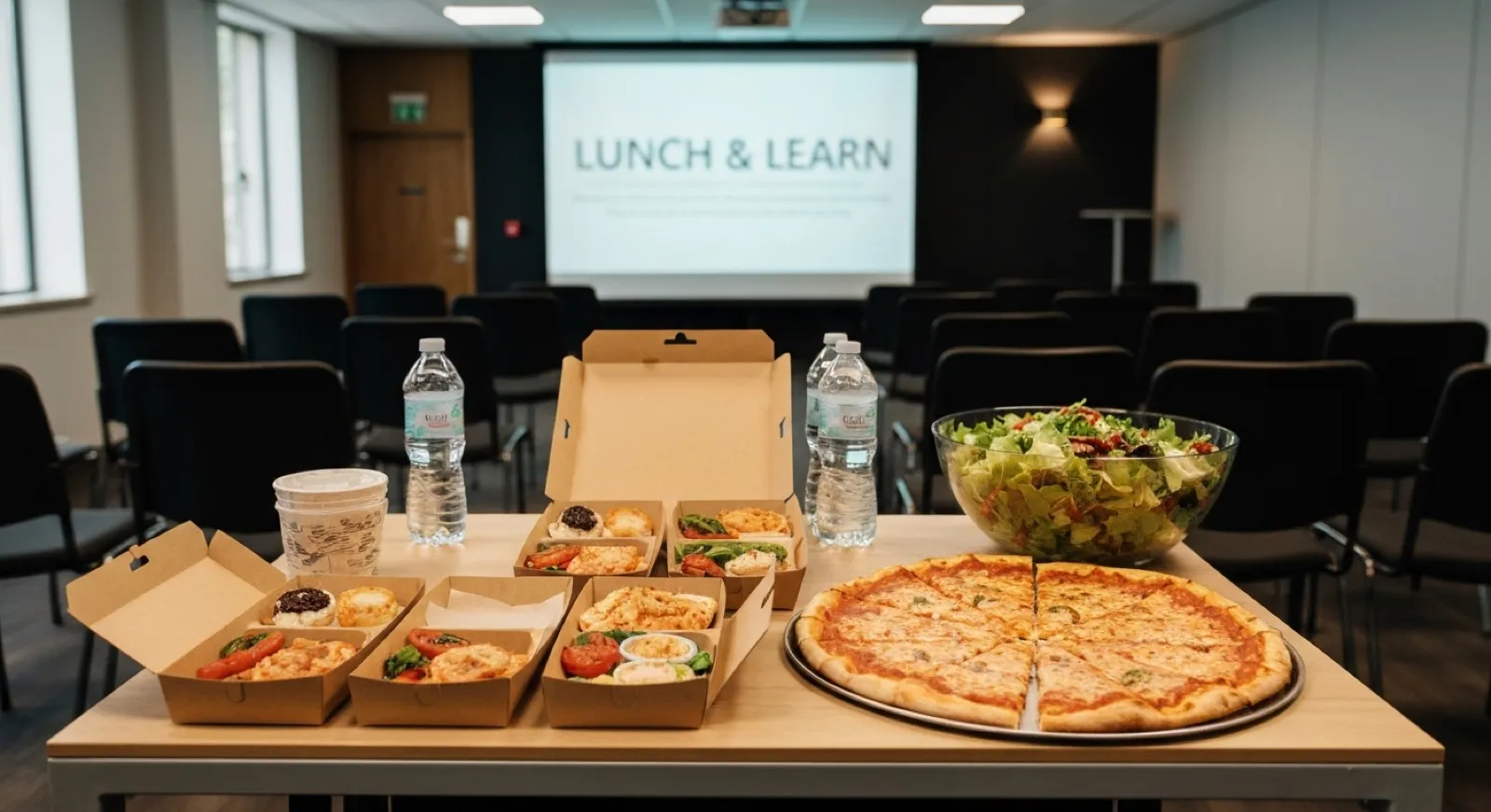 Conference room set up for a lunch and learn with boxed Italian lunches and pizza on a side table in Alpharetta