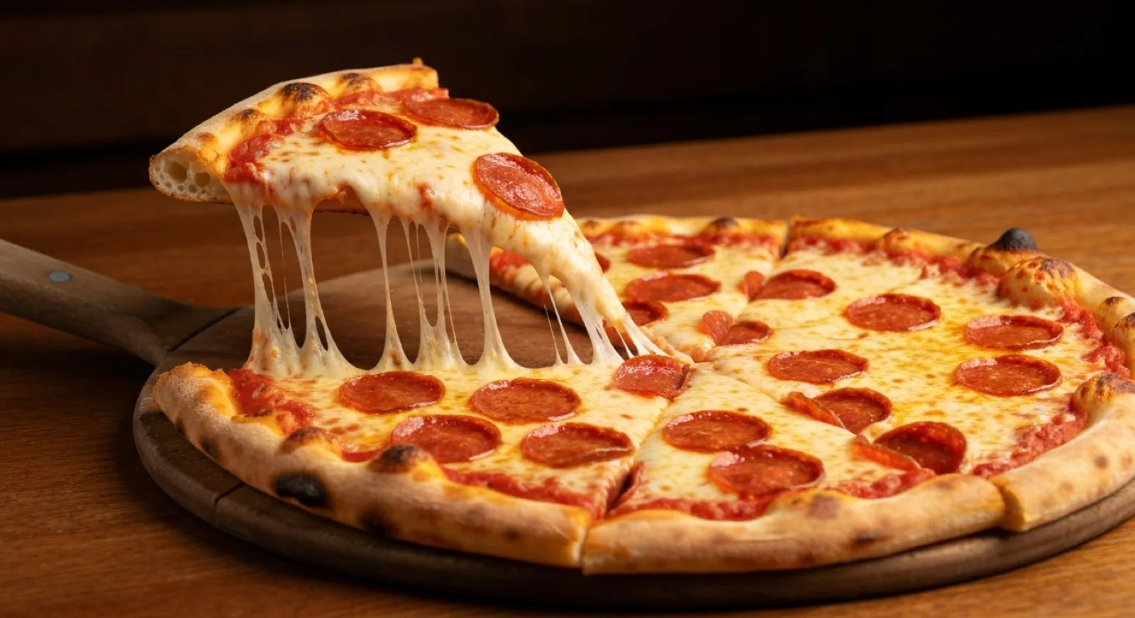 A fresh Alpharetta pizza with a golden, bubbling cheese pull