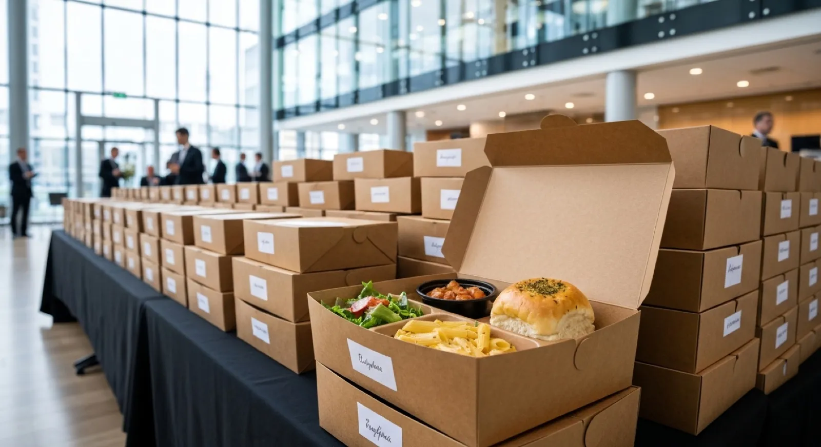 Rows of boxed Italian lunches prepared for a large office team near Windward Parkway in Alpharetta