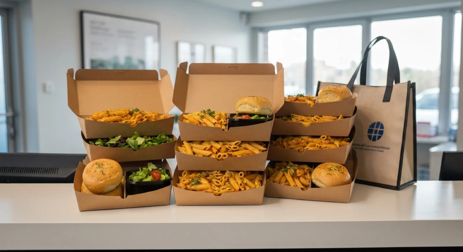 Individually boxed Italian lunches for a pharma rep visit stacked at a medical office front desk in Alpharetta
