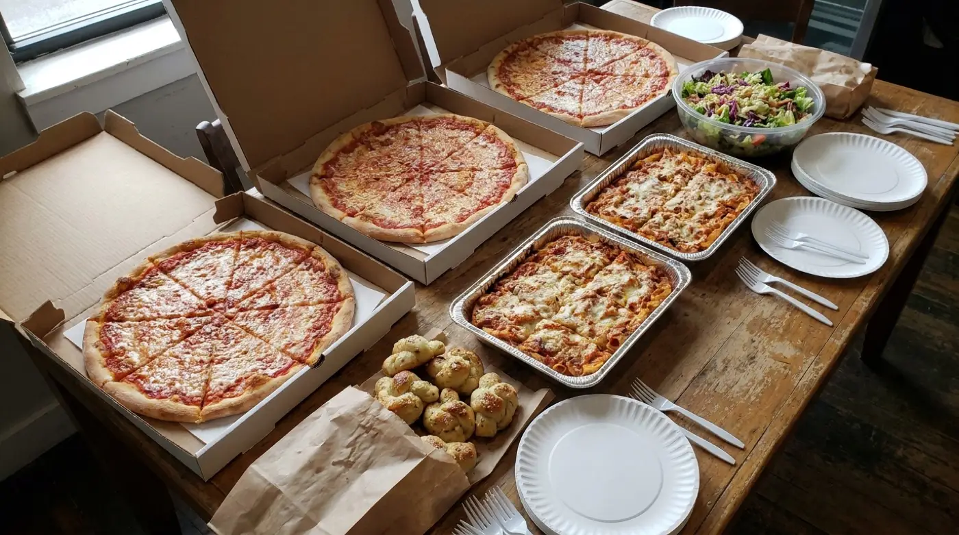 Pizza catering spread showing how much food to order, with multiple pizzas and pasta trays