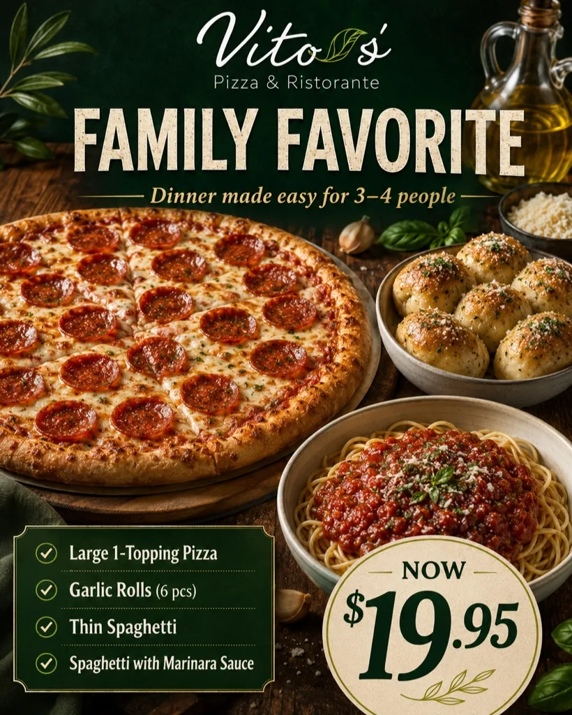 A family sharing pizza and pasta together at one table at an Alpharetta Italian restaurant