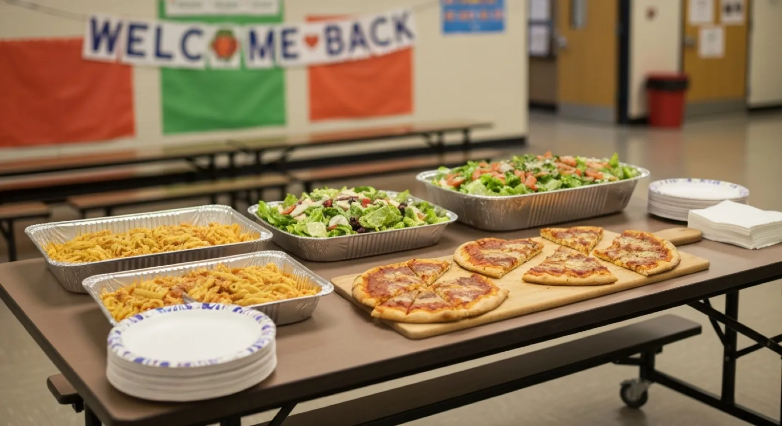 Italian catering trays, salads and pizzas on a long folding table at a community event