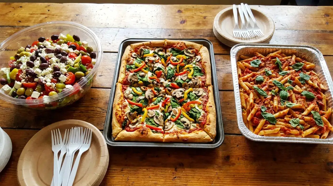 Vegan and gluten-free Italian catering options including salad, veggie pizza and pasta