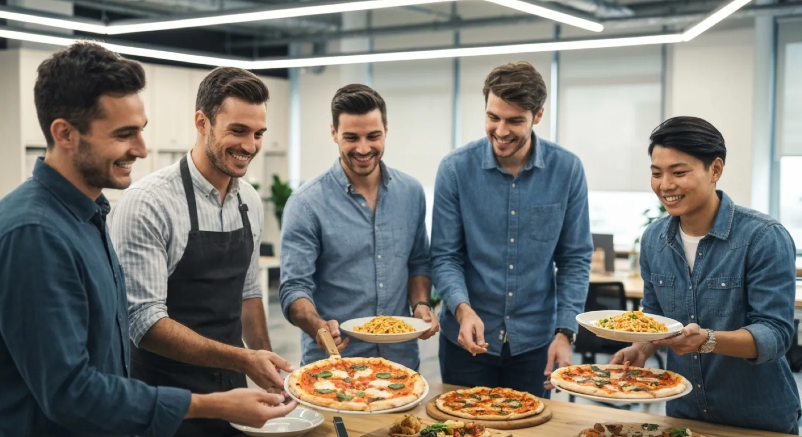 Office team serving themselves pizza and pasta trays at a weekly team lunch in an Alpharetta office kitchen
