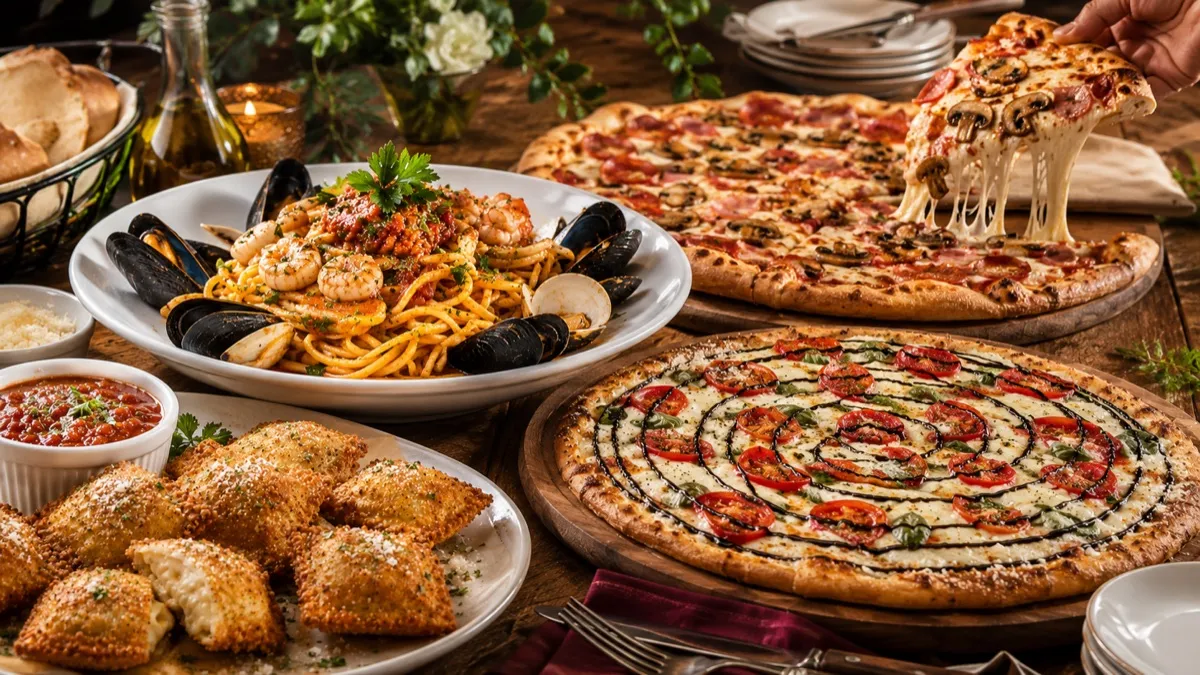 Vito's catering spread of pizzas, seafood pasta and fried ravioli