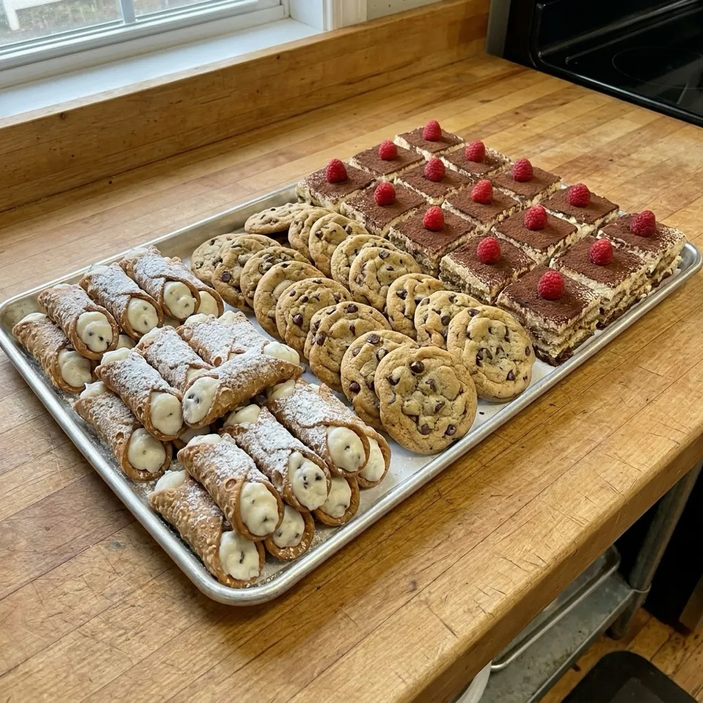 Catering dessert tray with cannoli, cookies and tiramisu