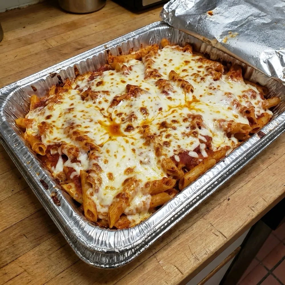 Large catering tray of baked ziti